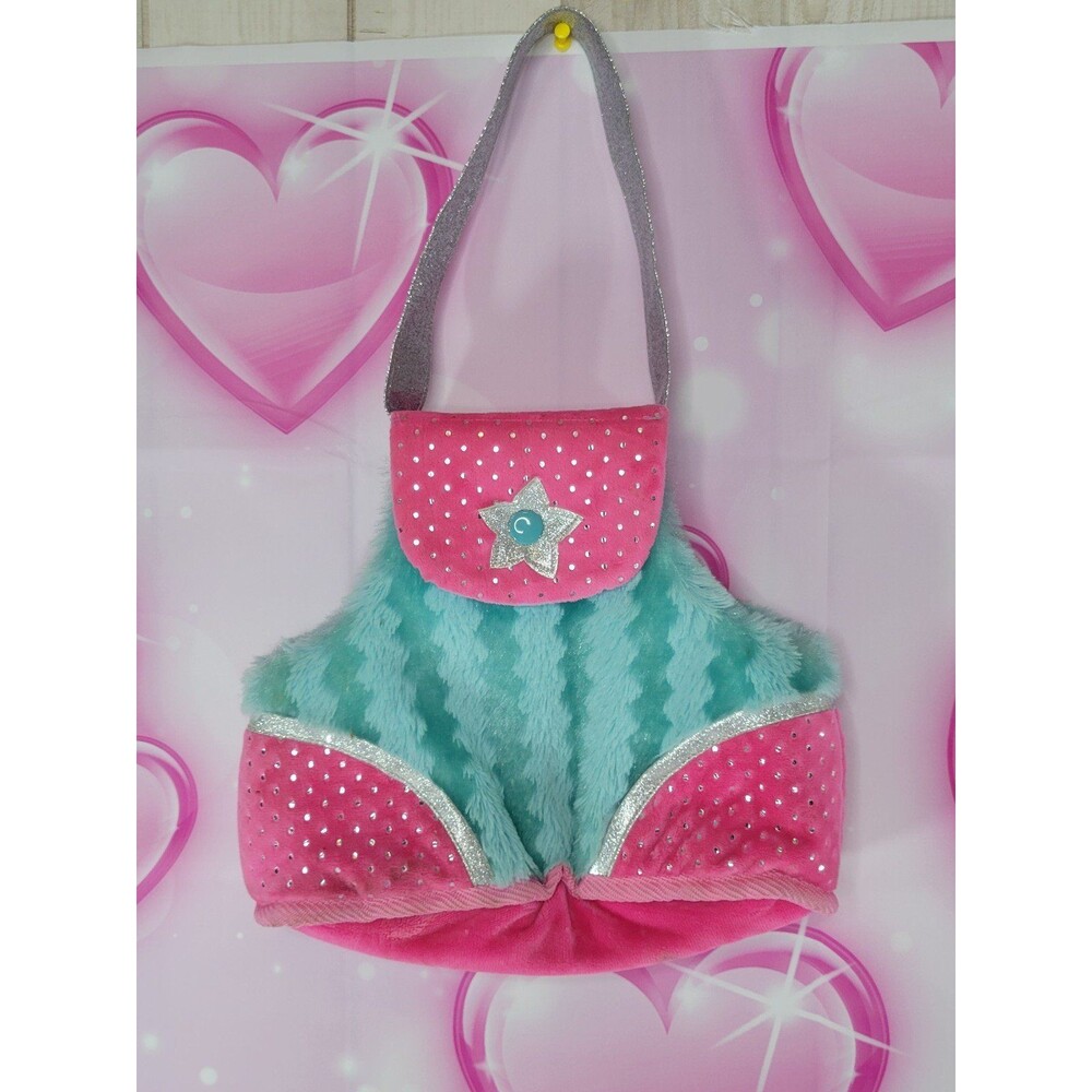 Pink and Teal Cotton Candy Plush Purse Glitter Strap Star Flower Rhinestone